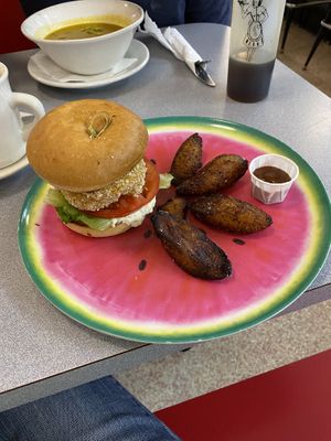 Fried Shrimp Burger no onions, GF bun, side of fried plantains   at Sealevel City Vegan Diner in Wilmington