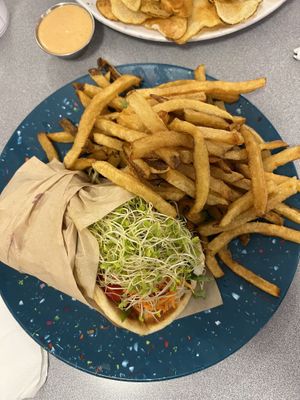 Avocado pita melt with hummus and fries   at Sealevel City Vegan Diner in Wilmington