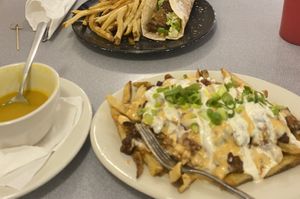 Chili cheese fries , curry soup, burger in a rice wrap w/fries…all 10/10  at Sealevel City Vegan Diner in Wilmington