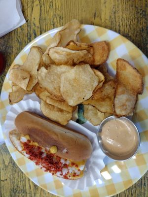 Hot dog special with hot chips and chipotle mayo at Sealevel City Vegan Diner in Wilmington