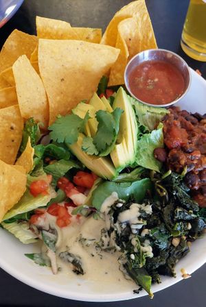 Taco salad with everything including cashew sour cream at Sealevel City Vegan Diner in Wilmington