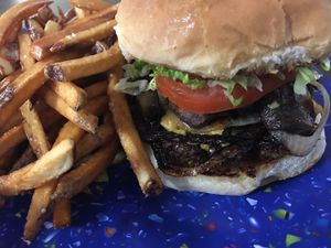 Portobello lentil patty melt with fries at Sealevel City Vegan Diner in Wilmington