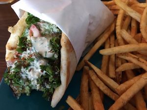 Mediterranean falafel pita wrap with fries at Sealevel City Vegan Diner in Wilmington