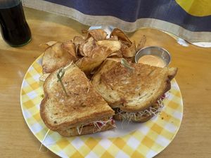 Tempeh kimchi Rueben with house made chips and spicy aoli   at Sealevel City Vegan Diner in Wilmington