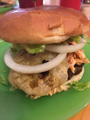 Lentil Burger with Fried Green Tomatoes and Vegan Pimento Cheese at Sealevel City Vegan Diner in Wilmington