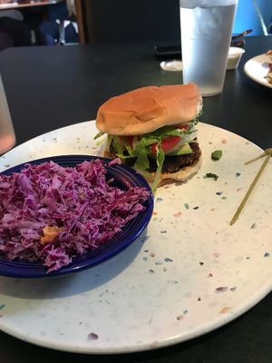 Chipotle Avocado Lentil Burger side of slaw at Sealevel City Vegan Diner in Wilmington