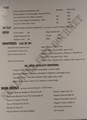 Drink Menu at Sealevel City Vegan Diner in Wilmington