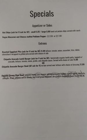 Specials Menu at Sealevel City Vegan Diner in Wilmington