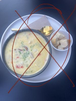 “6 carrot vegan soup de jour” nope, it had lots of chicken in it!:(  at Factory Coffee - Downtown in Kalamazoo