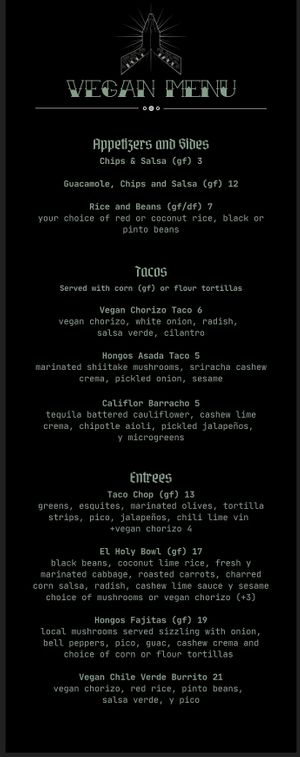 Thier Vegan Menu at Holy Taco in Lake Oswego