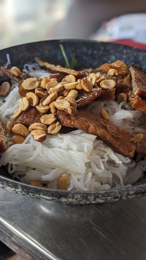 Massive portion noodles with fried Seitan at Spring & Hieu Vegan Food Tour in Ho Chi Minh City
