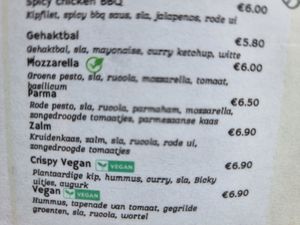 Vegan options clearly labelled at Tasty Bruges in Bruges