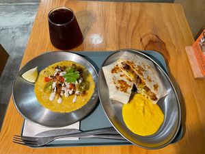 'Beef' taco & Quesadilla - the 'cheese' sauce is incredible.  at Mixigan in Taichung