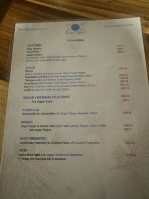 Vegan menu  at Naboo Restaurant in Roatan