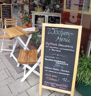 Weekly menu. Sweet potatoes raw gyros with rosemary and tzatziki, optionally with creamy tomato garlic soup or cherry coconut crumble with cacao nibs and hemp seeds. 12 euros, also to go! at Dancing Shiva Superfoods in Vienna