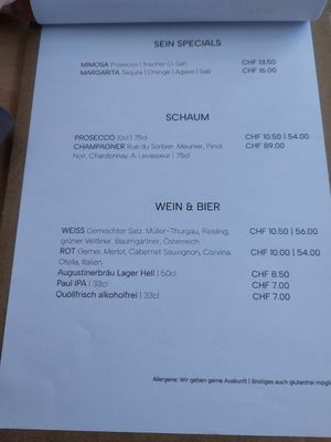 Getränkekarte at SEIN  in Zurich