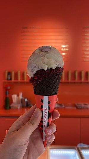 Tofu taro ice cream, black cone (dark chocolate, raspberry crunchies) at Kōri Ice Cream in Hawthorn