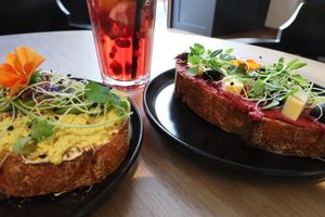 *vegan options Bread with tofu spread and avocado (left), Bread with beetroot spread, veg Greek cheese (right) at Al Ponte Prague in Prague