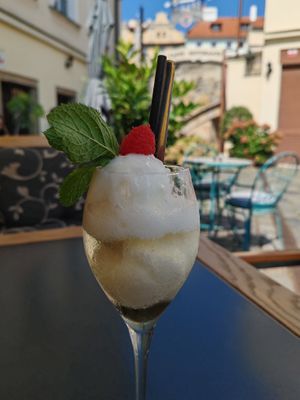*vegan option Lemon sorbet with prosecco topped with raspberry at Al Ponte Prague in Prague