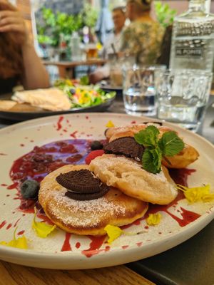 *vegan option pancakes with fruit and oreo cookie on top at Al Ponte Prague in Prague