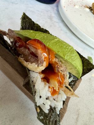 Crispy mushroom hand roll   at PLANTA Cocina in Washington