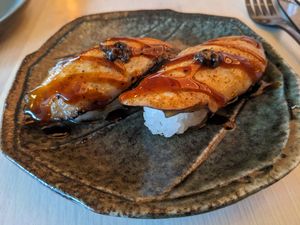 UNAGI EGGPLANT Nigiri
miso truffle - gluten free
 at PLANTA Cocina in Washington