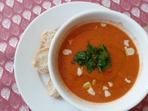 Tomato and lentil soup with organic bread at Moose's Kitchen in Hastings
