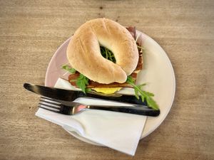 Bacon and cheese bagel  at Hustle in Belfast