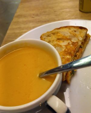 Curried split pea soup with toastie at Hustle in Belfast