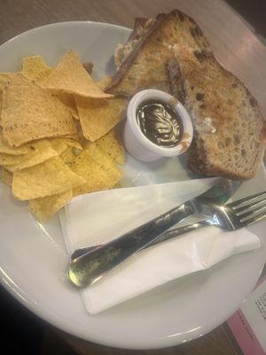 Christmas toastie - “turkey bacon” and stuffing with gravy   at Hustle in Belfast