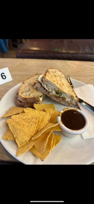 Vegan christmas sandwich - fake turkey, stuffing, cranberry, gravy, vegan bacon #Veganuary at Hustle in Belfast