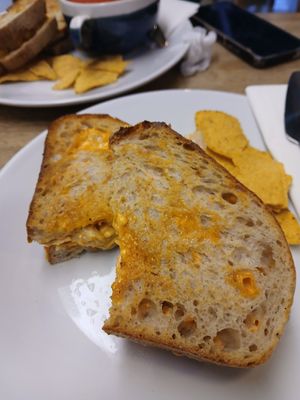 Spicy chick*n toastie at Hustle in Belfast
