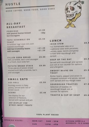 Menu as of March 2025 at Hustle in Belfast