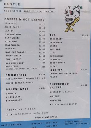 Menu as of March 2025 at Hustle in Belfast