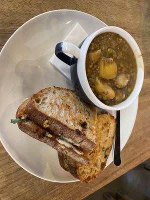 Falafel sriracha toasty and Irish stew.  at Hustle in Belfast