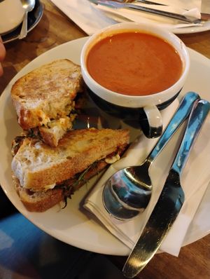 Falafel toastie and tomato and basil soup at Hustle in Belfast