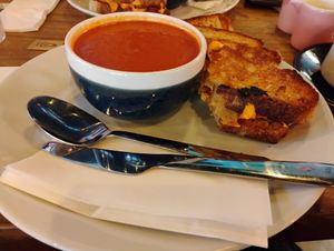Tomato basil soup with spicy chicken toastie at Hustle in Belfast