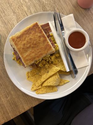 Potato bread with tofu, sausage, baconn  at Hustle in Belfast