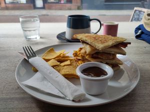 Potato bread stack, and tea with soy milk at Hustle in Belfast