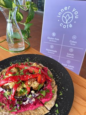inner you café - all homemade, 100% gluten free, unique plant-based vegan food, cakes & fresh juices - organic flat bread with roasted veggies  at inner you vegan in Tenerife
