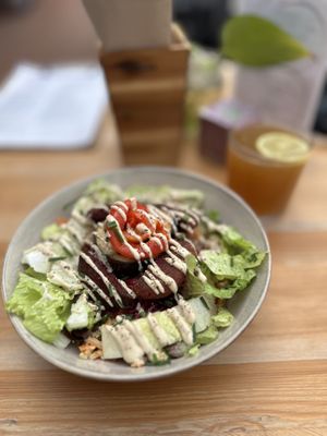Quinoa tahini salad with beetroot falafel  at inner you vegan in Tenerife