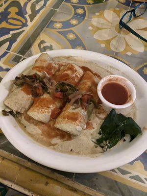 Vegan papadzules. The creamy texture sauce is made from pumpkin seeds, a staple in the region    at Chaya Maya Casona in Merida