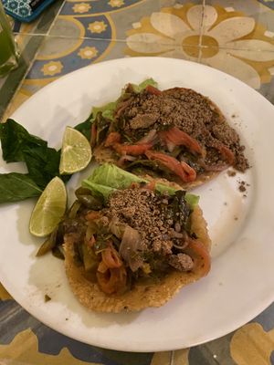Vegan salbutes. The crumblies on top are from a local root.   at Chaya Maya Casona in Merida