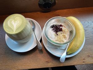Matcha latte and overnight oatss  at Brenner in Vienna