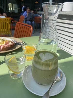 Matcha latte and free refillable water  at Brenner in Vienna