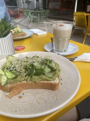 Avocado toast and oat chai lattee  at Brenner in Vienna