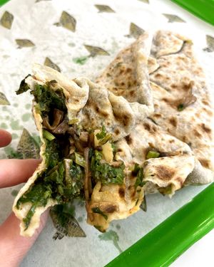 The most delicious and juicy filling of Jengyalov Hatc. There are several types of Armenian greens and finely chopped mushrooms. at Taste of Artsakh - Mashtots in Yerevan