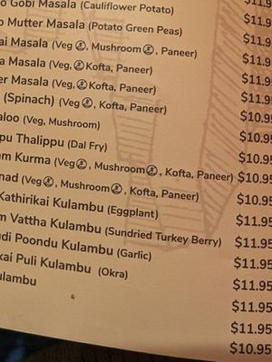 Vegan dishes marked with green leaf at Sangam Chettinad Indian Cuisine in Austin
