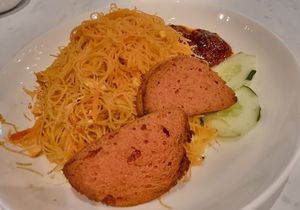 Dry bee hoon goreng add ons luncheon meat at V Taste Vegetarian Cafe in Johor Bahru