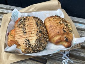 Tofu katsu sandwhich and stiffed croissantt  at Belén Vegan Bakery in Wellington